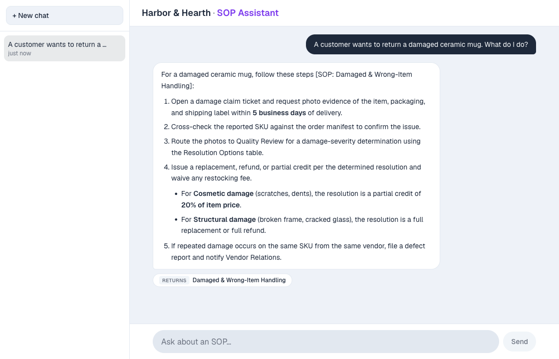 SOP Assistant answering a damaged item return question with numbered steps, an inline citation, and a source chip