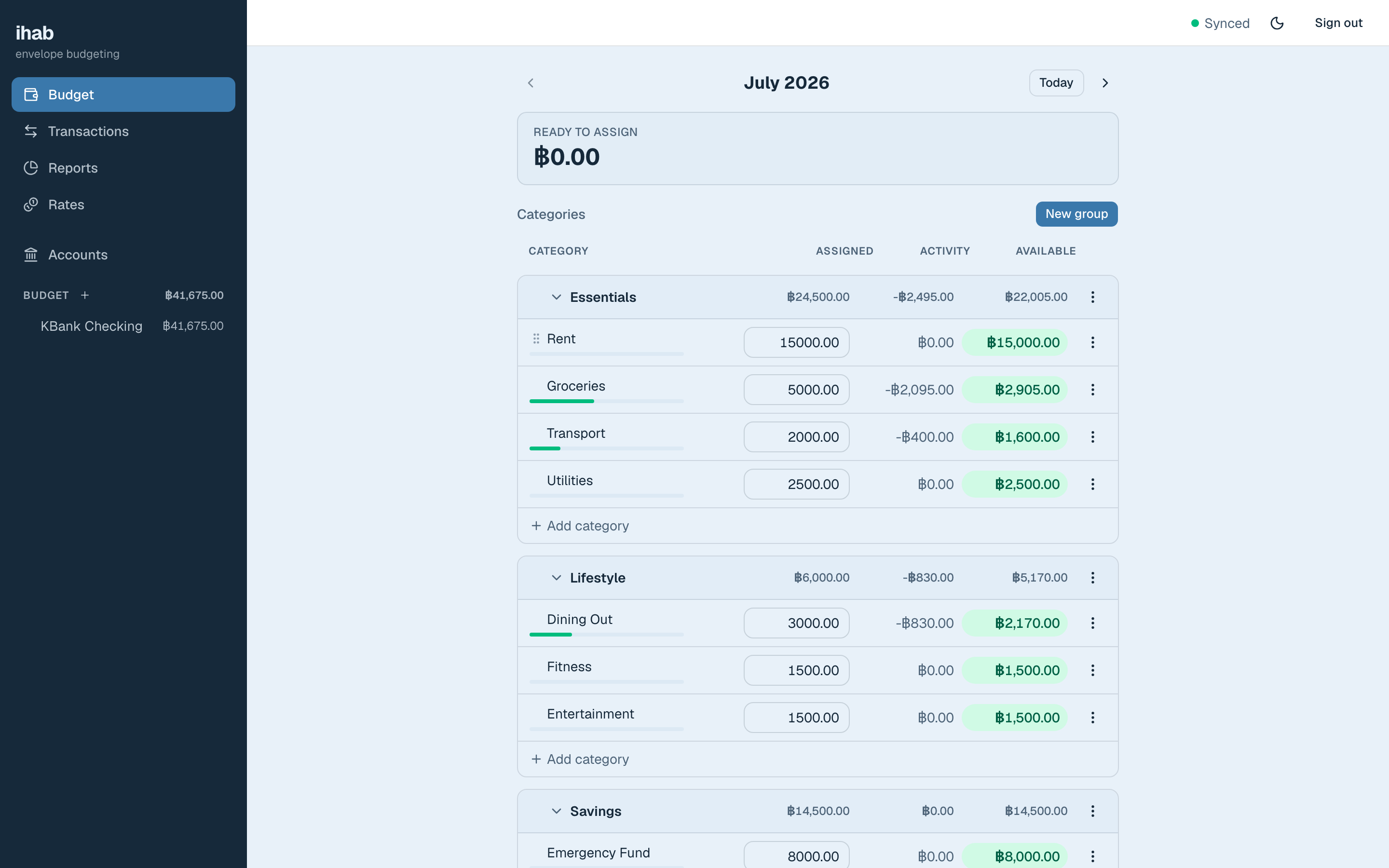 ihab budgeting app showing envelope categories with assigned amounts, activity, and available balances in Thai baht